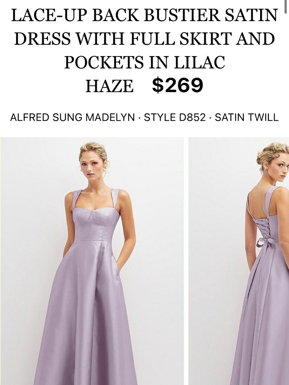 ALFRED SUNG Lilac Satin Lace-Up Back A-Line Bridesmaid Dress - Picture 1 of 2